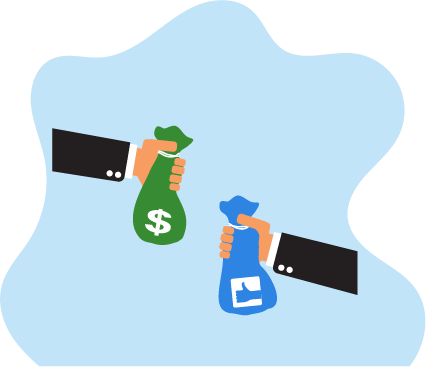 Two hands exchange money for Instagram likes.
