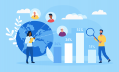 Two people with different age group in blue background searching for demographic data