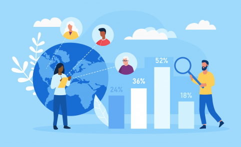 Two people with different age group in blue background searching for demographic data