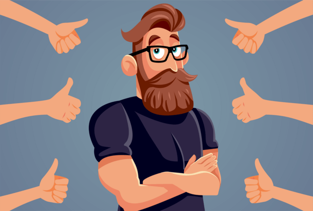A weight trainer getting approvment by many thumbs up around him.