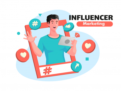 there is an influencer in a hashtag frame who is looking at Instagram on his tablet